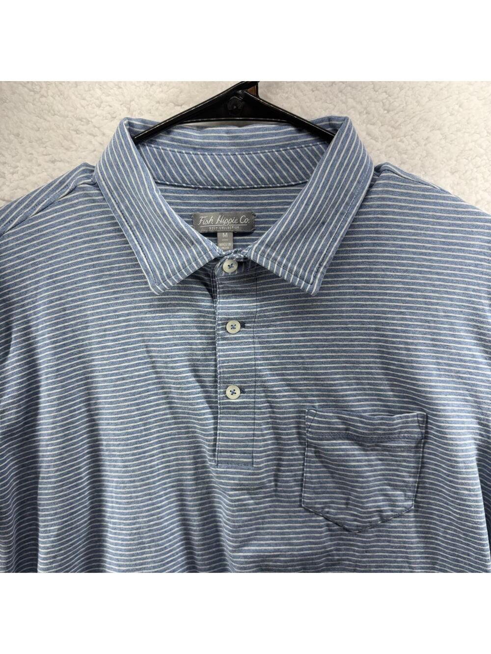 Fish Hippie Co Polo Mens Medium Blue Stripe Heathered Pima Cotton Stretch
